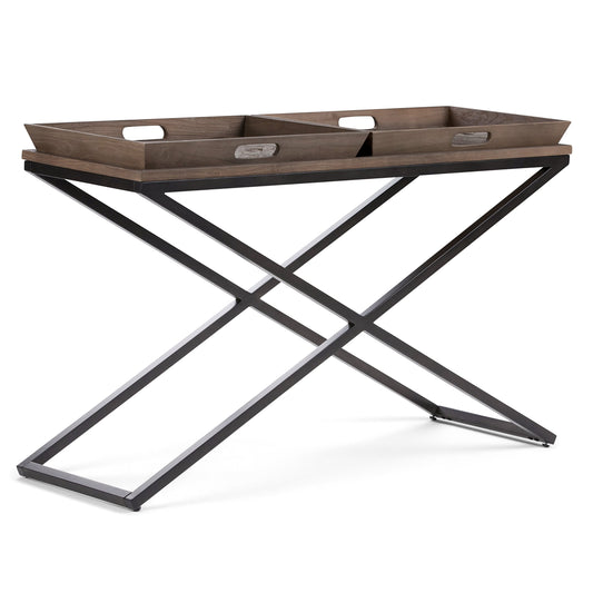 SIMPLIHOME Damien SOLID AGED ELM WOOD and Metal 50 inch Wide Modern Industrial Console Table in Distressed Natural Elm for the Living room Entryway and Bedroom