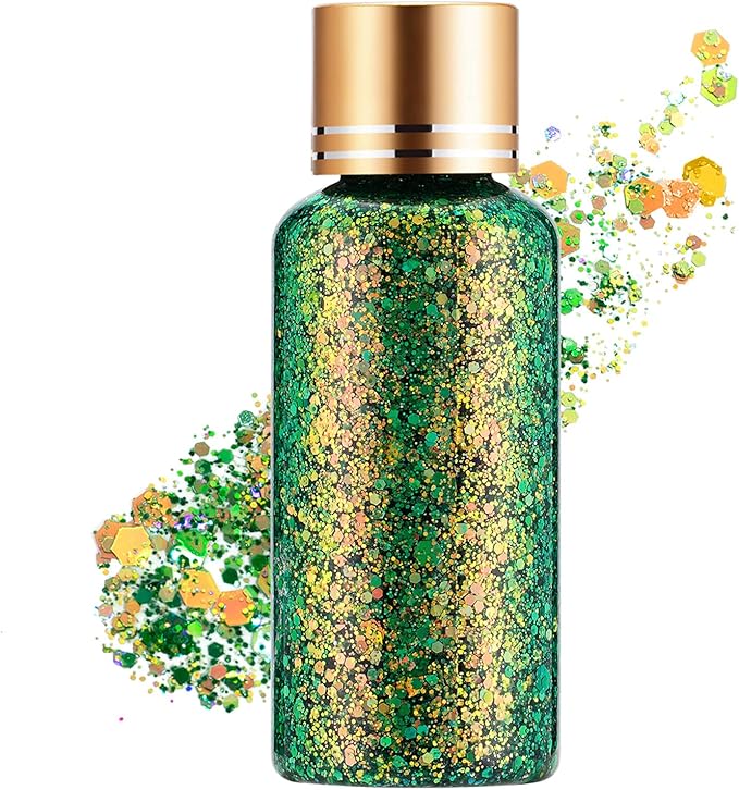 Green Gold Face Body Hair Glitter Gel for St. Patrick's Day Mardi Gras Festival Rave Accessories, Long Lasting Holographic...