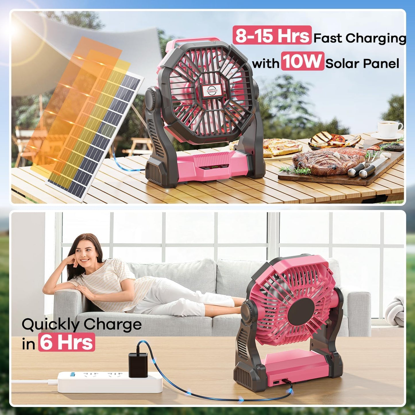 30000Mah Solar Fan With Led Lantern, 10W Solar Panel Rechargeable Battery Powered Camping Fan For Outside, 9 Inch Portable Batte