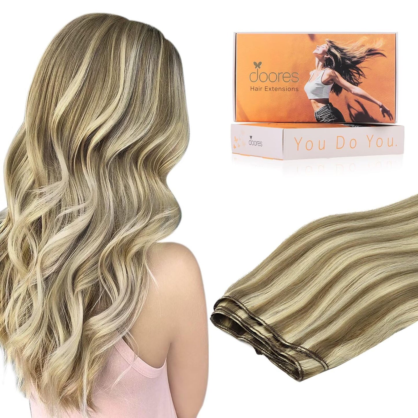 DOORES Hair Extensions Real Human Hair, Light Brown Highlighted Medium Blonde 24 Inch 120g, Remy Weft Full Head Long Straight Se