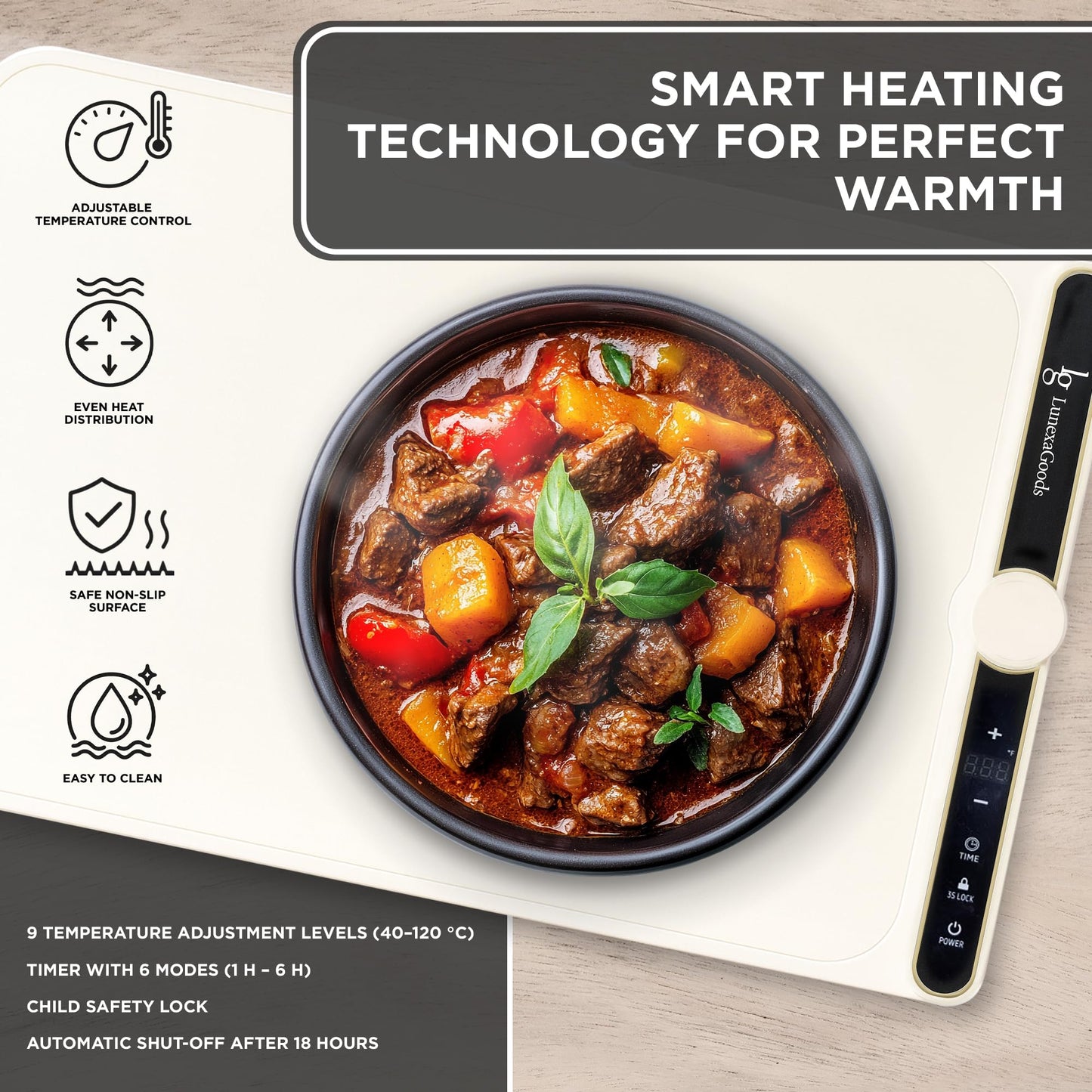 LunexaGoods Food Warming Mat, 9-Temperature Electric Heating Tray with Timer & Safety Lock, Silicone Roll-Up Buffet Warmer for Countertop, Parties, Home & Travel (Beige)