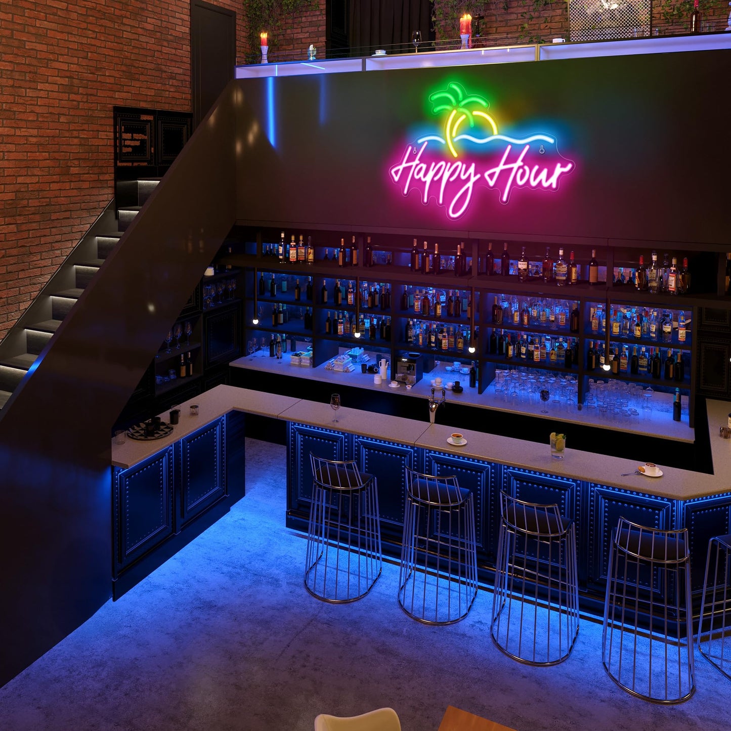 Kavaas Happy Hour Neon Sign 15.7 X 11.2  Palm Tree Neon Bar Signs For Home Bar Man Cave Club Pub Party - Best Gifts For Husband  Father  Birthday  Christmas