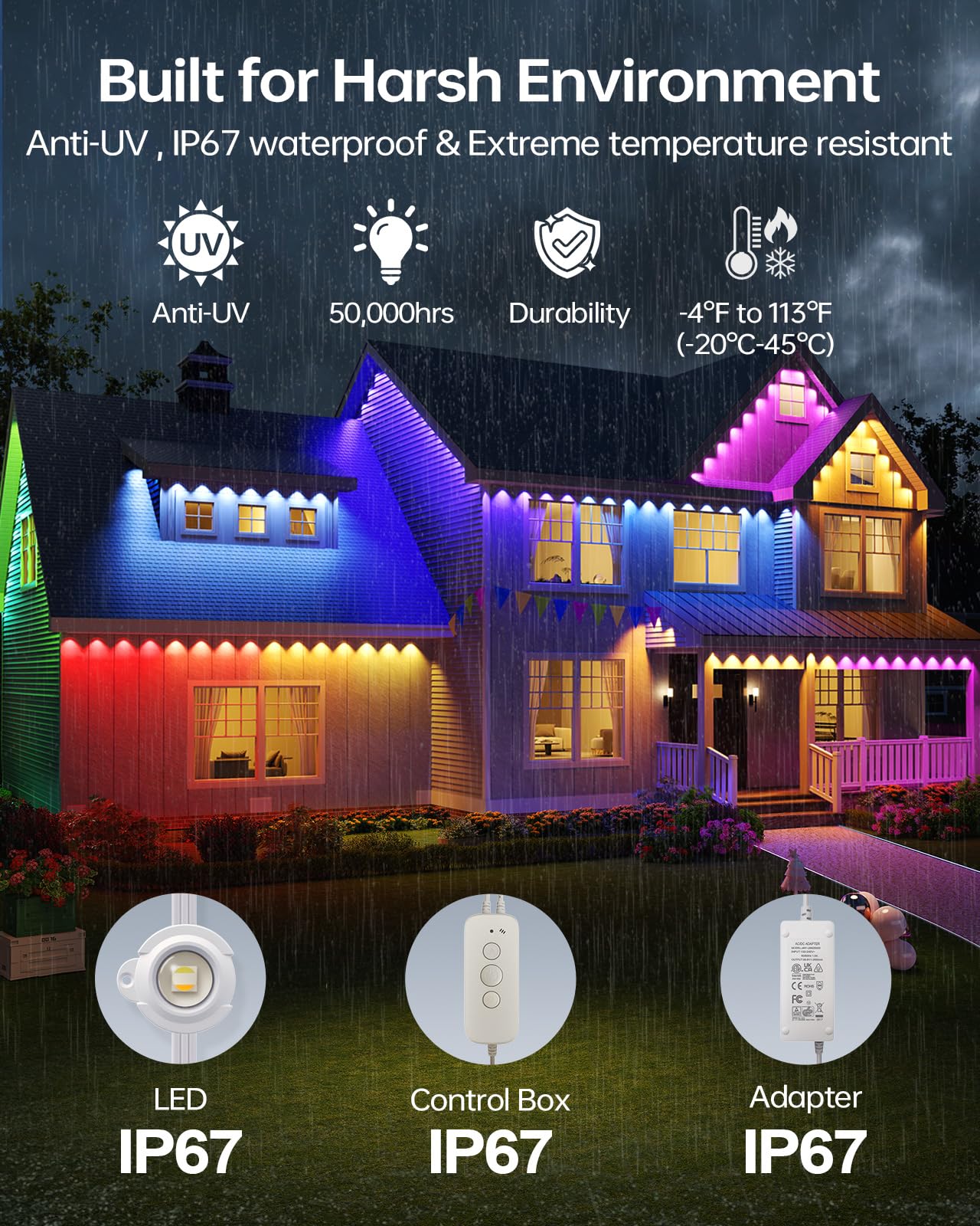 Asahom Ai Permanent Outdoor Lights S107C  150Ft With 108 Rgbcw Led Lights And Dual Output  30 000 Lighting Effect Combination  Ip67 Waterproof For House Halloween Christmas And Daily Decoration  White