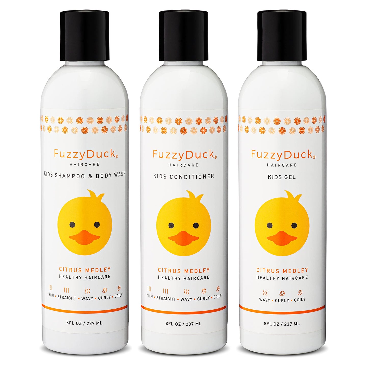 FuzzyDuck Kids Shampoo + Body Wash, Conditioner and Hair Gel Set (8oz each) for All Hair Types, Moisturizer with Aloe, Sea Botan