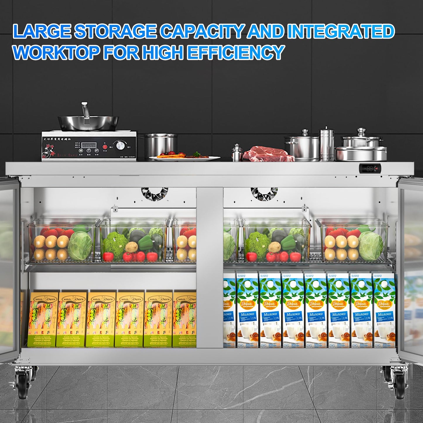 Rockitch 60" W Commercial Undercounter Refrigerator, 14.1 Cu.ft Stainless Steel Worktop Under Counter Fridge, Commercial Refrigerated Food Prep Table with 3 Door for Restaurant, Bar, Shop, etc.