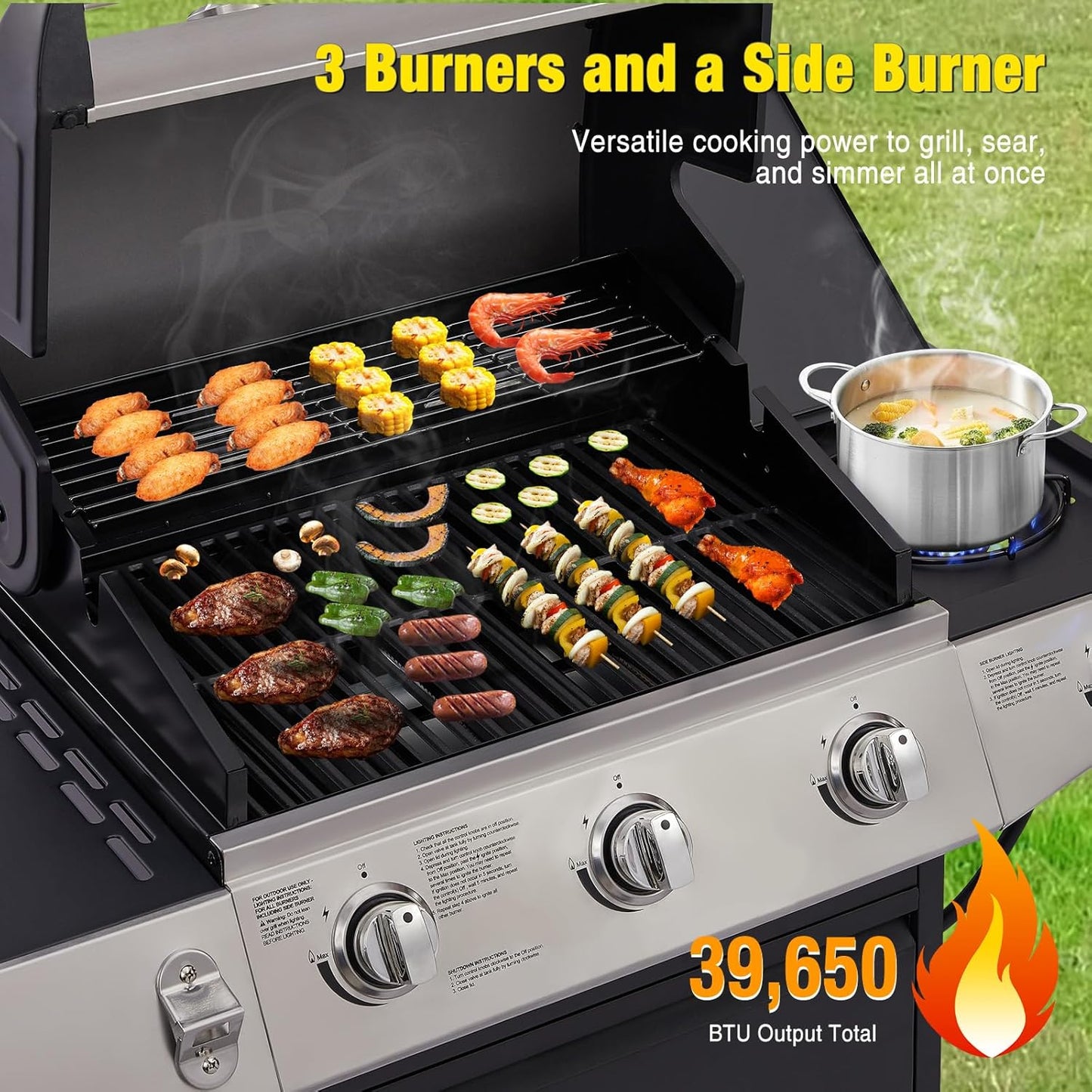 Unovivy 3-Burner Propane Gas Grill with Side Burner, Portable BBQ Grills with Oil Tray and Built-in Thermometer for Outdoor Barbecue, Camping, Patio, Backyard, 39,650 BTU