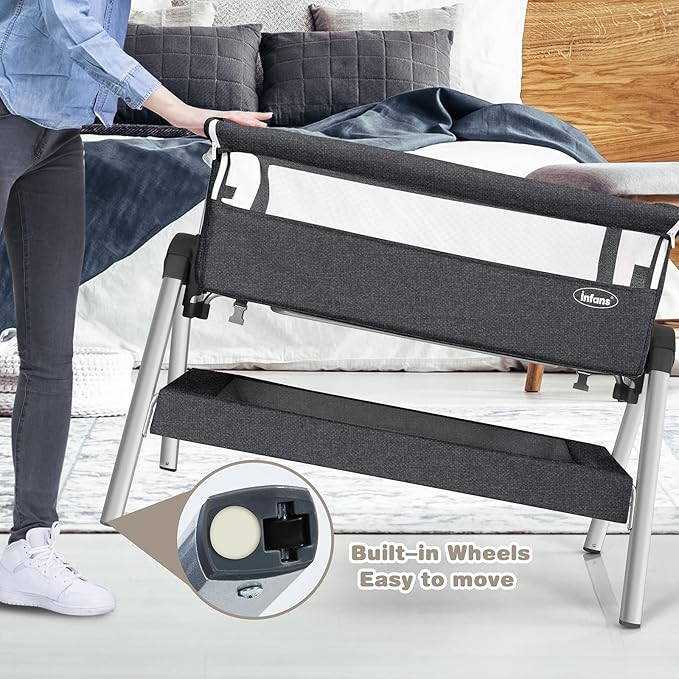 INFANS Baby Bassinet Bedside Crib, Newborn Sleeper w/Large Storage Basket, Adjustable Heights, Detachable &Washable Mattress, Breathable Mesh, Straps, Easy Moving Bed Side (Grey)