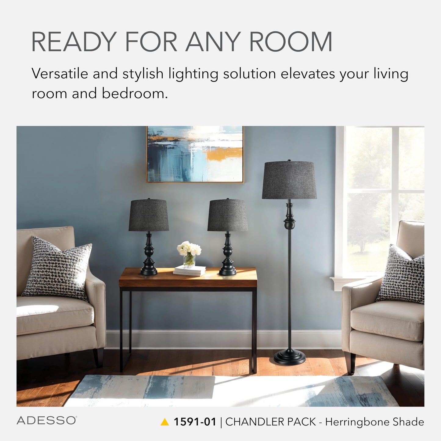 Adesso 3-Piece Lamp Set - Two Table Lamps & One Floor Lamp, Bronze Base, Dark Herringbone Shade, Model 1591-01, Gray