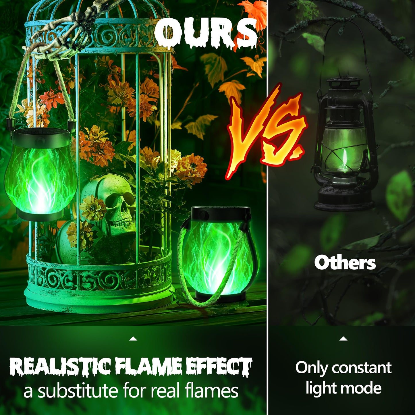 Ibaycon 1 Pack Solar Lanterns Lights  Halloween Flickering Flame Garden Lights With 2 Modes Dual Charging Usb & Solar  Outdoor Waterproof Hanging Lantern For Party Holiday Halloween Decor (Green)
