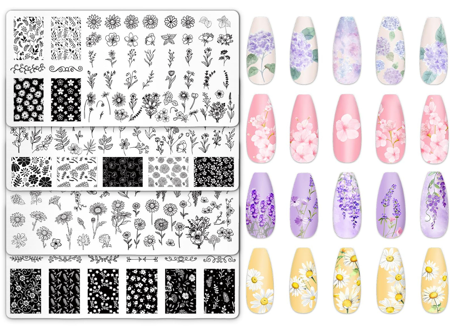 JarThenaAMCS 4Pcs Floral Nail Plates Stamping Set Spring Summer Flower Stamp Templates Nail Art Plates for DIY Print Manicure Sa