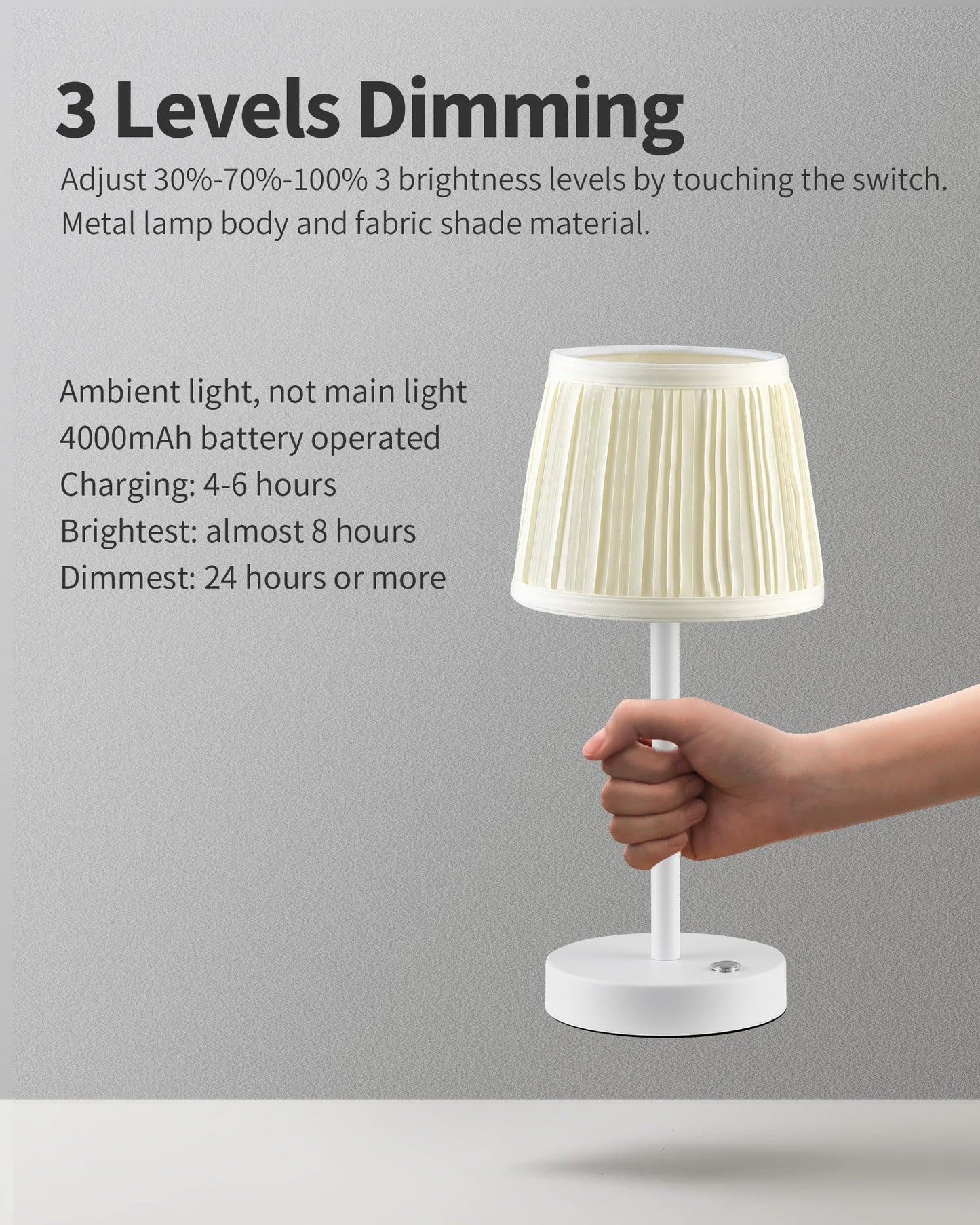 Pusu 2 Pack Cordless Led White Table Lamps  Rechargeable 4000Mah 3 Way Dimmable Bedside Small Lamp With Fabric Shade  Lighting For Bedroom  Kids Room  Bathroom  Kitchen  Decor  Gift  Night Light