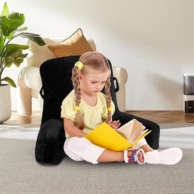SLIGUY Reading Pillow Standard Bed Pillow for Sitting in Bed Couch or Floor-Backrest with Arms Support and Pockets, Adult Back Pillow Bed Chair for Bed Rest, Reading, Watching TV, Gaming, Black