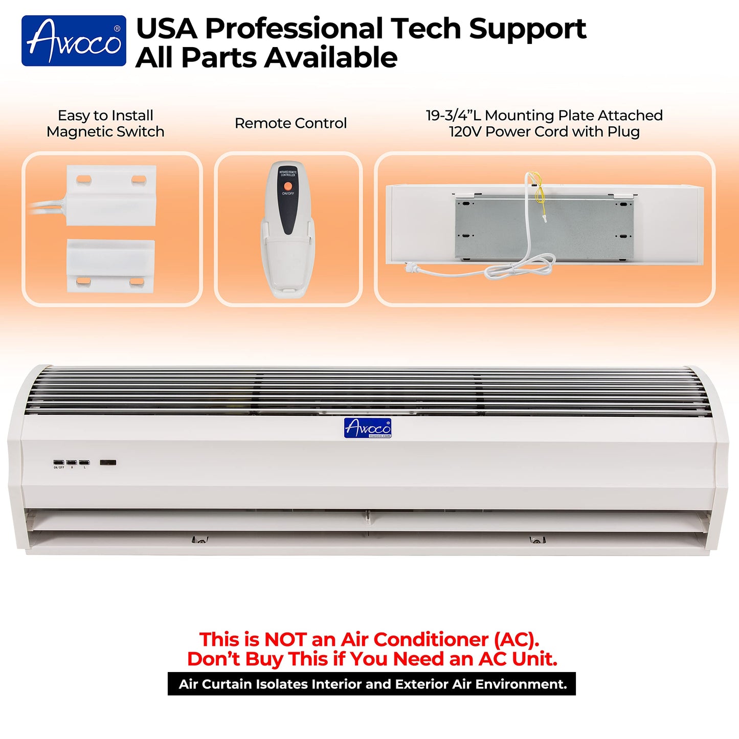 Awoco 36 Fm-1209T 1100 Cfm Slim Indoor Air Curtain, Ce Certified, 120V Unheated With Remote Control And Magnetic Switch, Powerfu