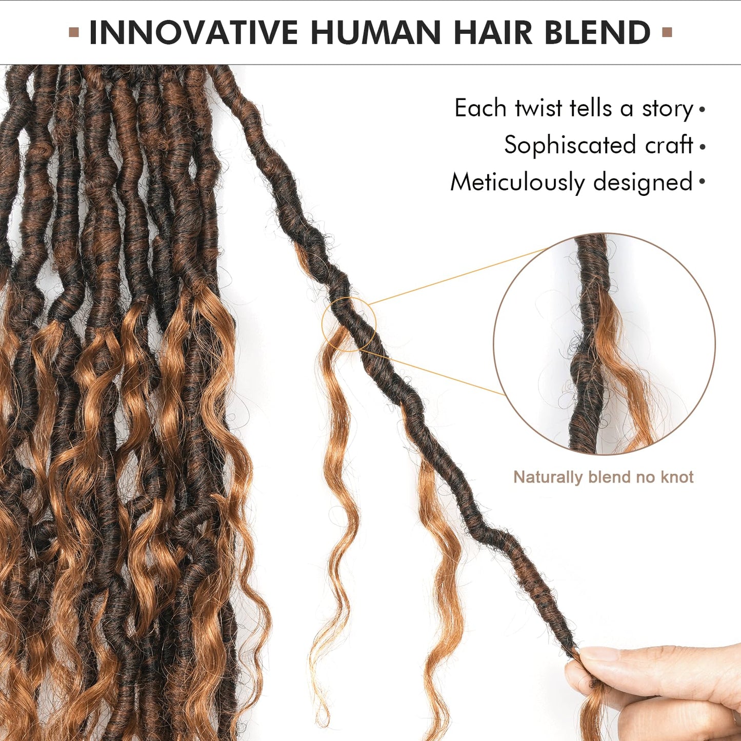 ToyoTress Boho Croceht Locs With Human Hair Curls - 16 Inch 8 Packs Ombre Brown Handmade Pre-Looped Crochet Braids For Black Wom
