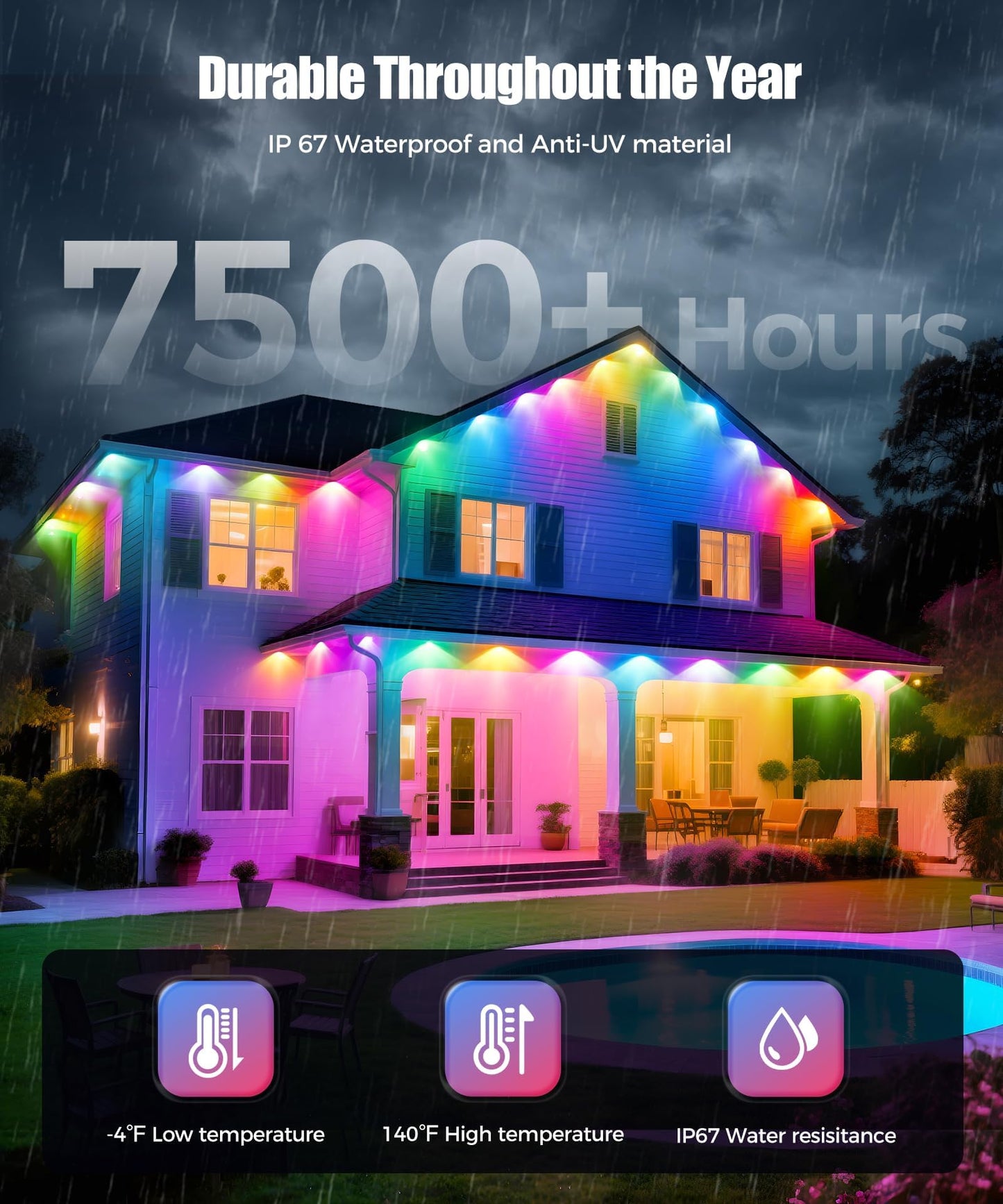 POOFZY 100ft RGB+IC Smart Outdoor Lights, IP67 Waterproof, 50 Scene Modes, Remote/App Control, White, Model HCP045