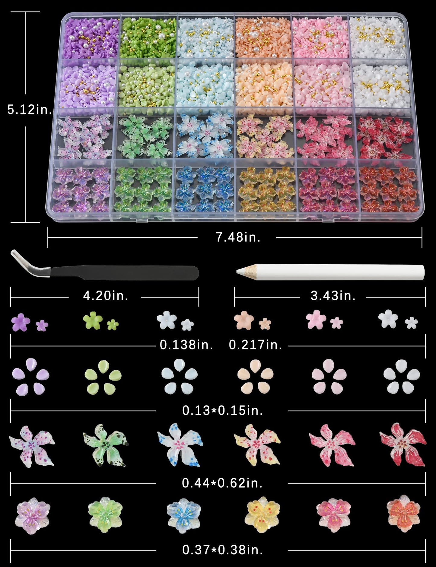 OPMADM 3000 Pcs 3D Flower Nail Charms and Gems 24 Grid Charms for Nails Design Colorful Nail Art Charms 4 Styles of Big and Smal