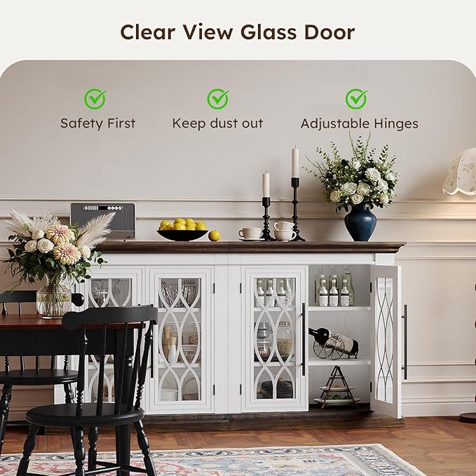 60 inch Farmhouse Buffet Sideboard Cabinet with 4 Glass Doors, Coffee Wine Bar Storage Cabinet, Buffet Table with Adjustable Shelves for Dining Room, Kitchen, Living Room