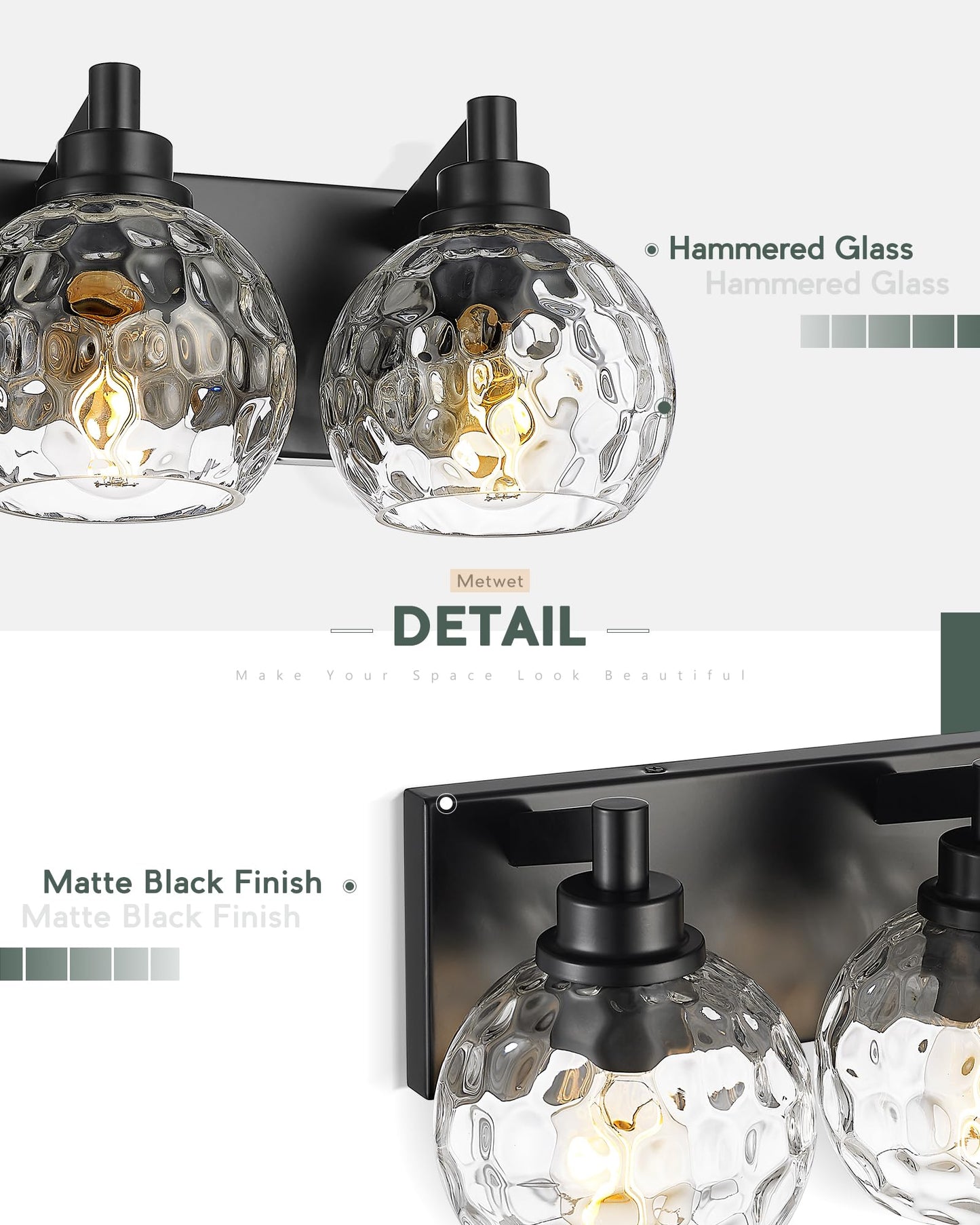 Metwet Bathroom Light Fixtures Over Mirror  26  Matte Black Vanity Light With Clear Hammered Glass Globe Shade  4-Light Modern Sconces Wall Lighting For Bedroom Hallway  Vl200-Mb-Cl-4