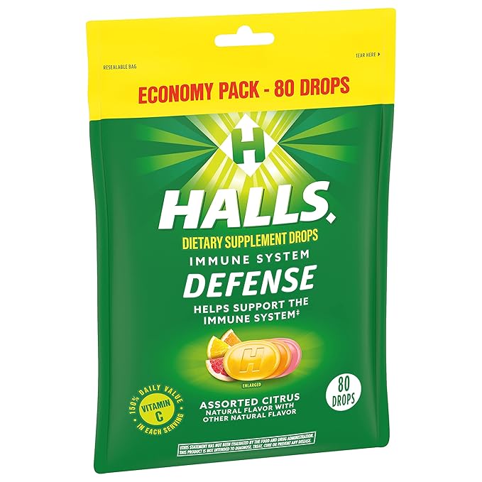 HALLS Defense Assorted Citrus Vitamin C Drops, Dietary Supplement Drops, Economy Pack, 12 Bags (960 Total Drops)