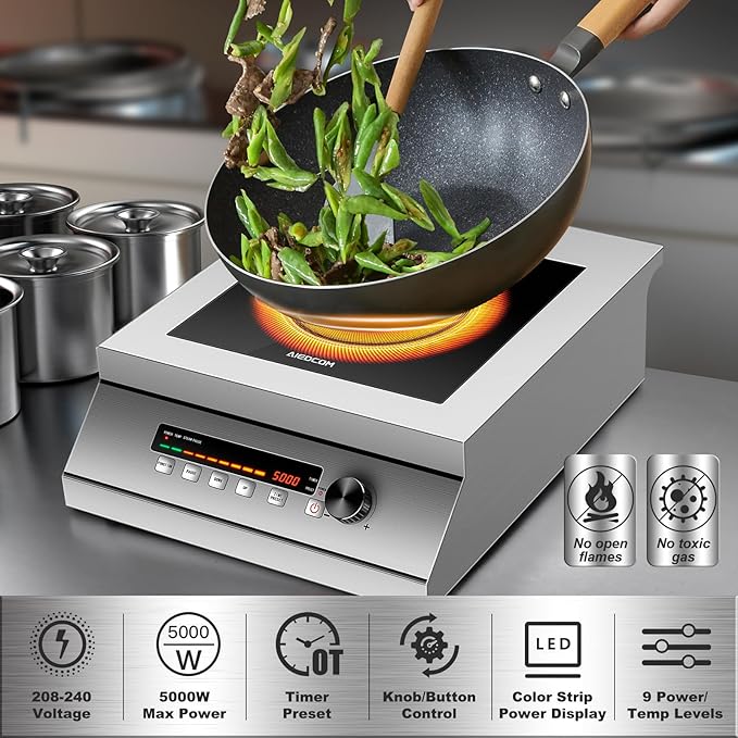 5000W 240V Commercial Induction Cooktop, High Power Induction Electric Stove, Countertop Burner with Press/Knob Controller, LED Strip Display (with 2p Miniature circuit breaker, No Plug)