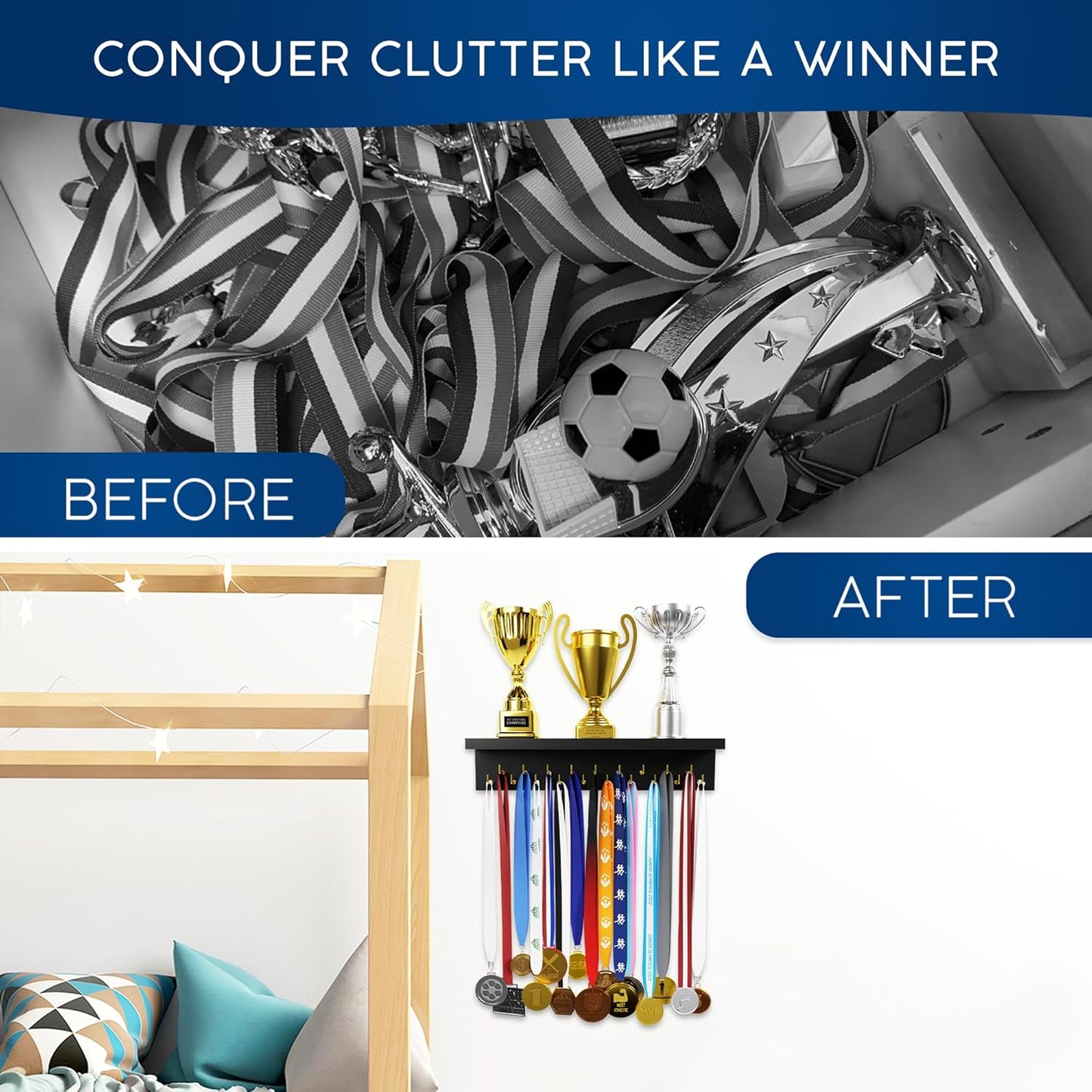 EVERMORE Medal Hanger Display and Trophy Shelf with Hooks - Wooden Medal Holder for Wall Mount Ribbon Display, Trophy Display Shelf for Gymnastics, Soccer, Running Race Medals Awards Rack