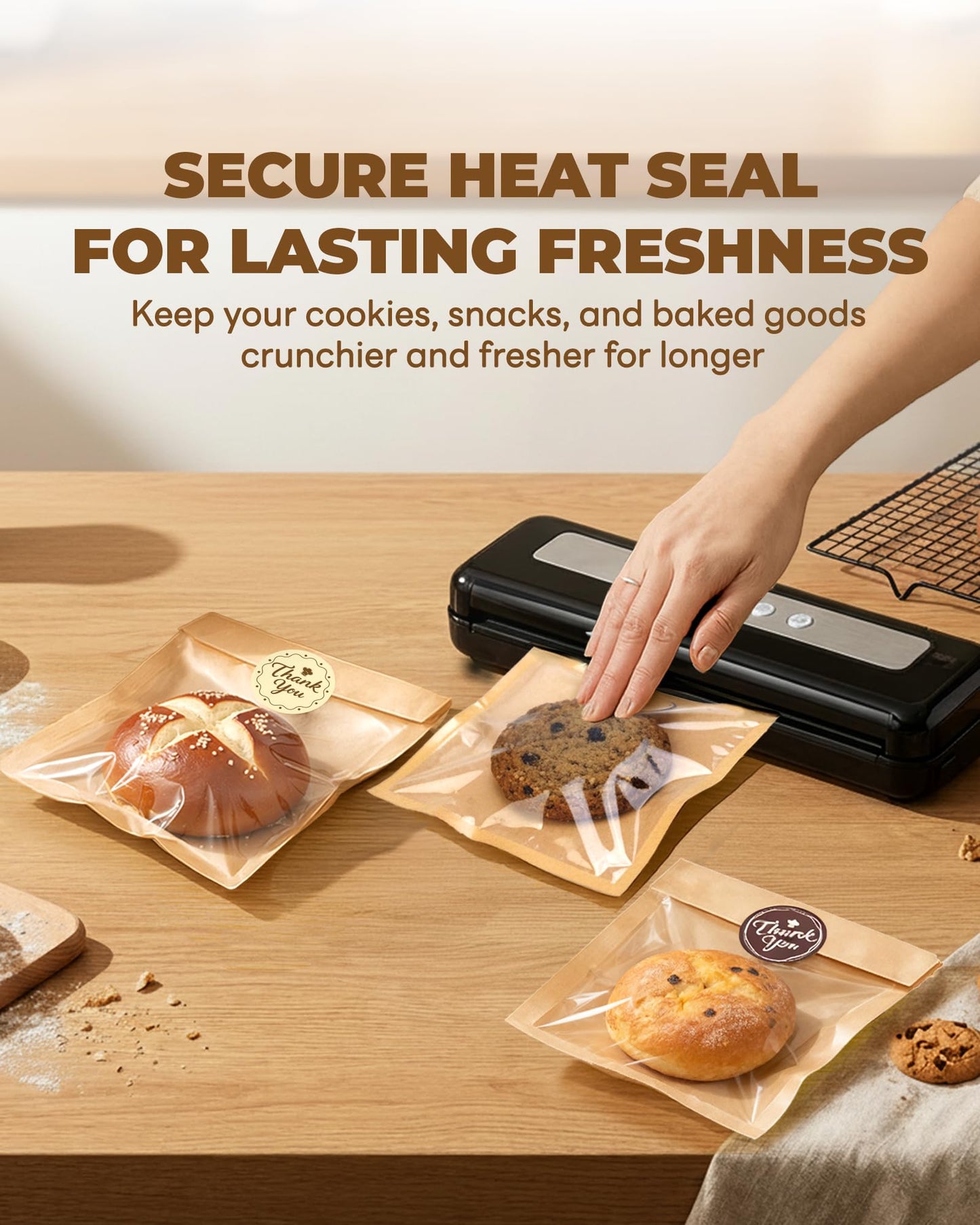 Bake Choice 100PCS Cookie Bags with Seal, 5.7x6.5 Inch Individual Cookie Packaging Bags for Gift Giving, Heat Sealable & Grease Proof Bakery Bag with Window, Baked Goods Packaging