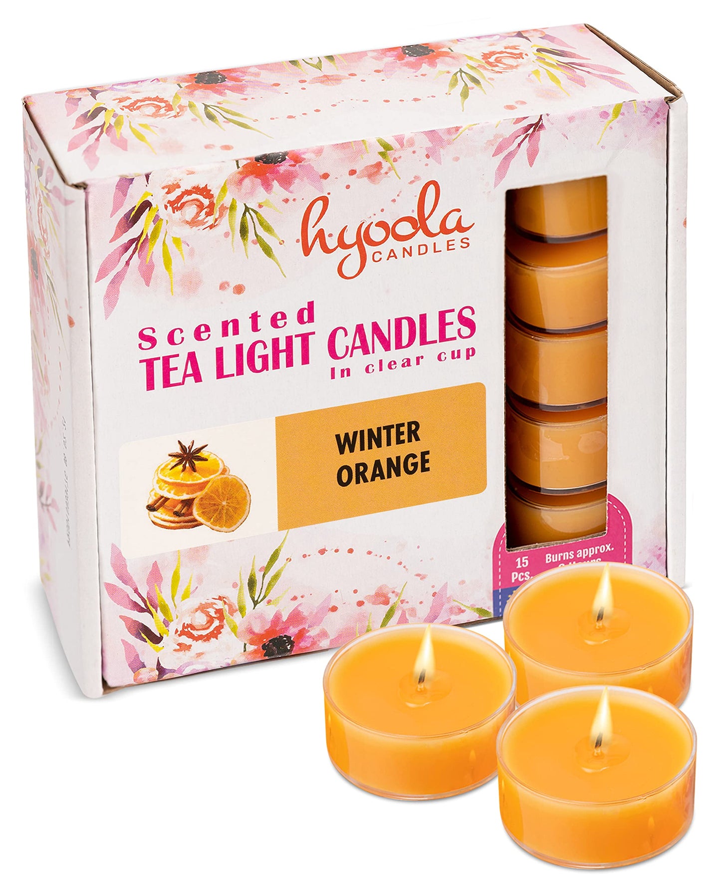 Hyoola Scented Tealight Candles - Winter Orange - 6 Hour Burn Time - 15 Pack - Clear Cup - 1.9 Inch