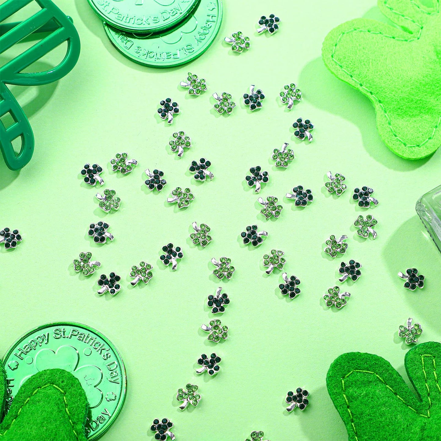 36 Pcs St Patrick's Day Nail Charms for Nail Art, 3D Shamrock Rhinestone Decals Sticker Green Clover Crystal Charms Diamond Allo