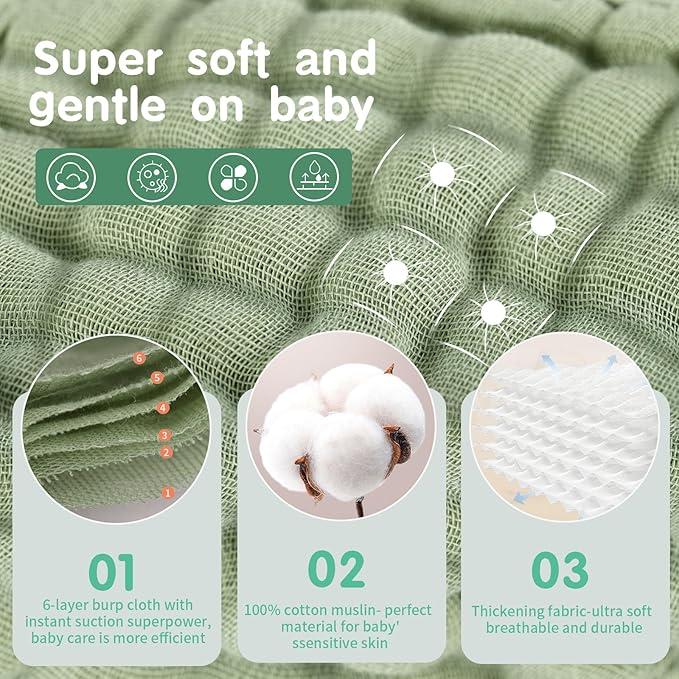 Muslin Burp Cloths Sets Newborn Baby Boy Essentials Must Haves 100% Cotton 10 Pack 22" X 10",6-Layer Baby Bibs & Burp Cloths for Baby Drool and Messes - Soft, Safe & Gentle for Boys & Girls Multi