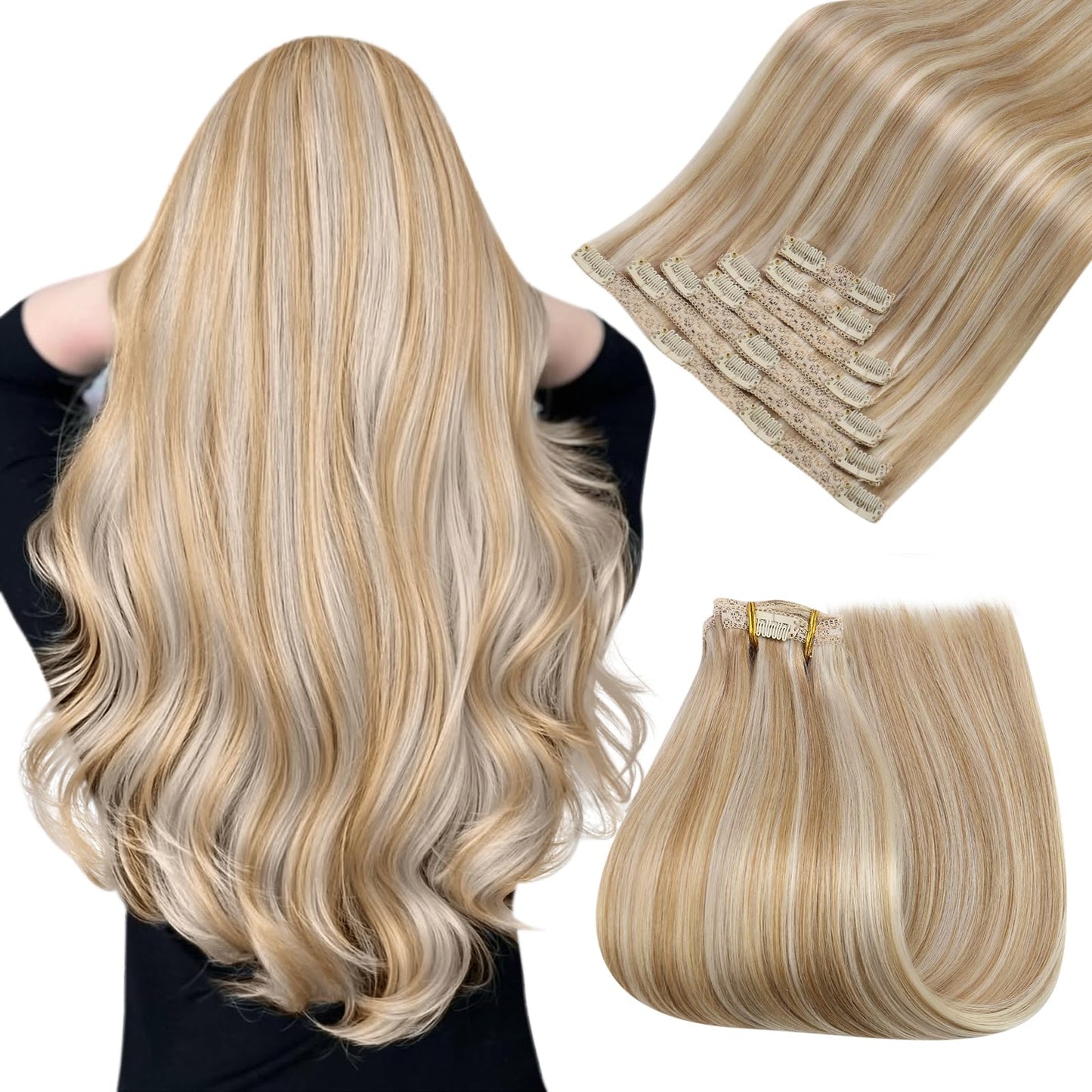 Easyouth Clip in Hair Extensions Real Human Hair Highlights Lace Clip on Hair Extension Human Hair Honey Blonde Highlight Bleach