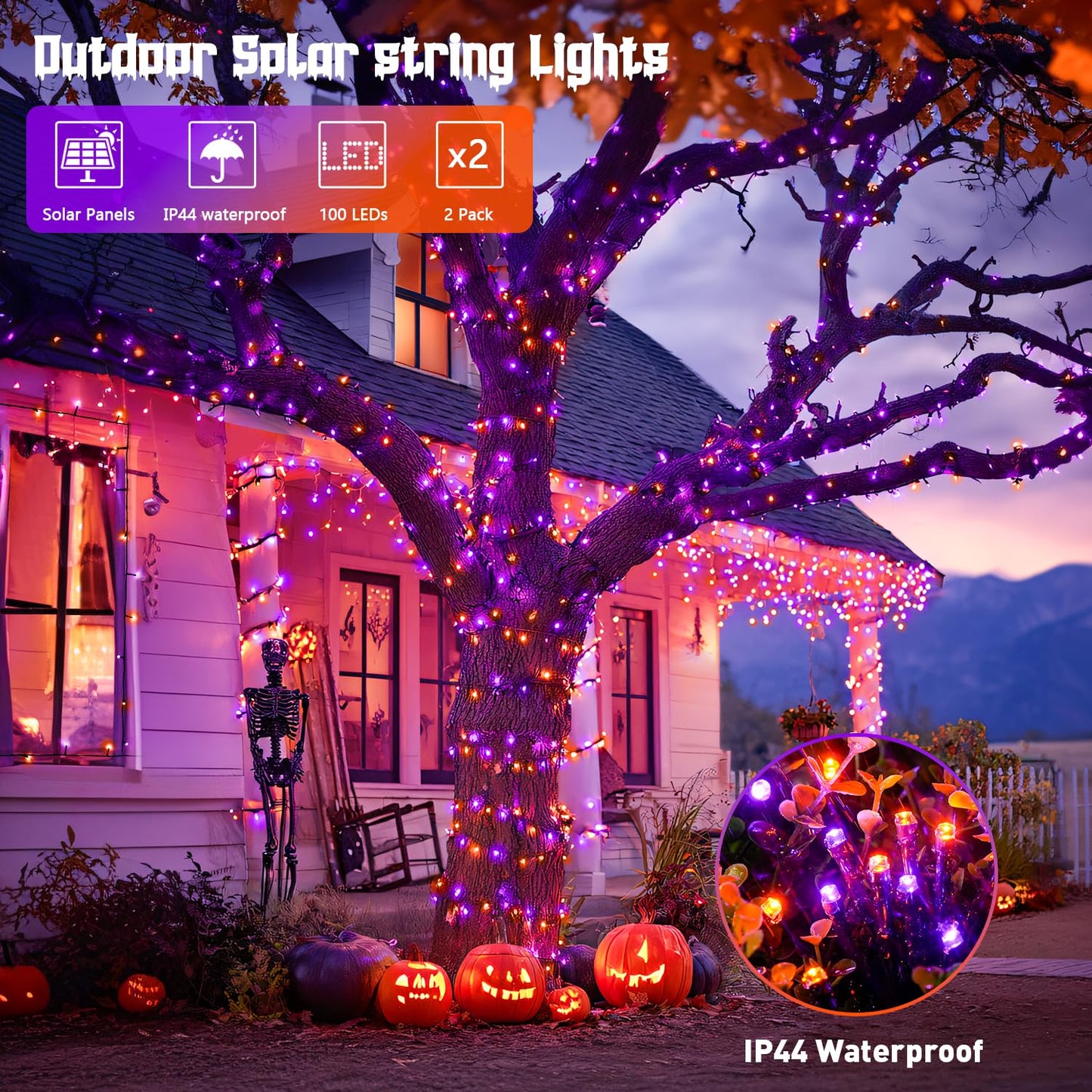 JMEXSUSS Solar Halloween Lights, 2 Pack 100 LED, Waterproof Orange & Purple, Model JM-S-100