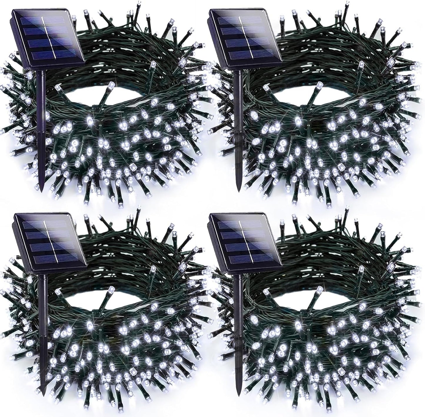 EXF Solar String Lights 400LED 132FT, 4-Pack Waterproof Cool White, 8 Lighting Modes, Green Wire for Outdoor Decoration