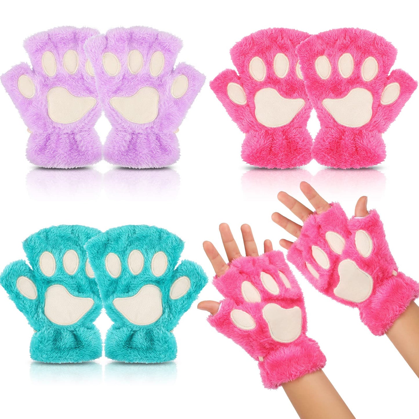 Geyoga 3 Pairs Cat Paw Gloves Kawaii Fur Plush Cat Bear Furry Paws Winter Fingerless Gloves for Girls Women Halloween Cosplay(Rose Red, Purple, Peacock Blue)