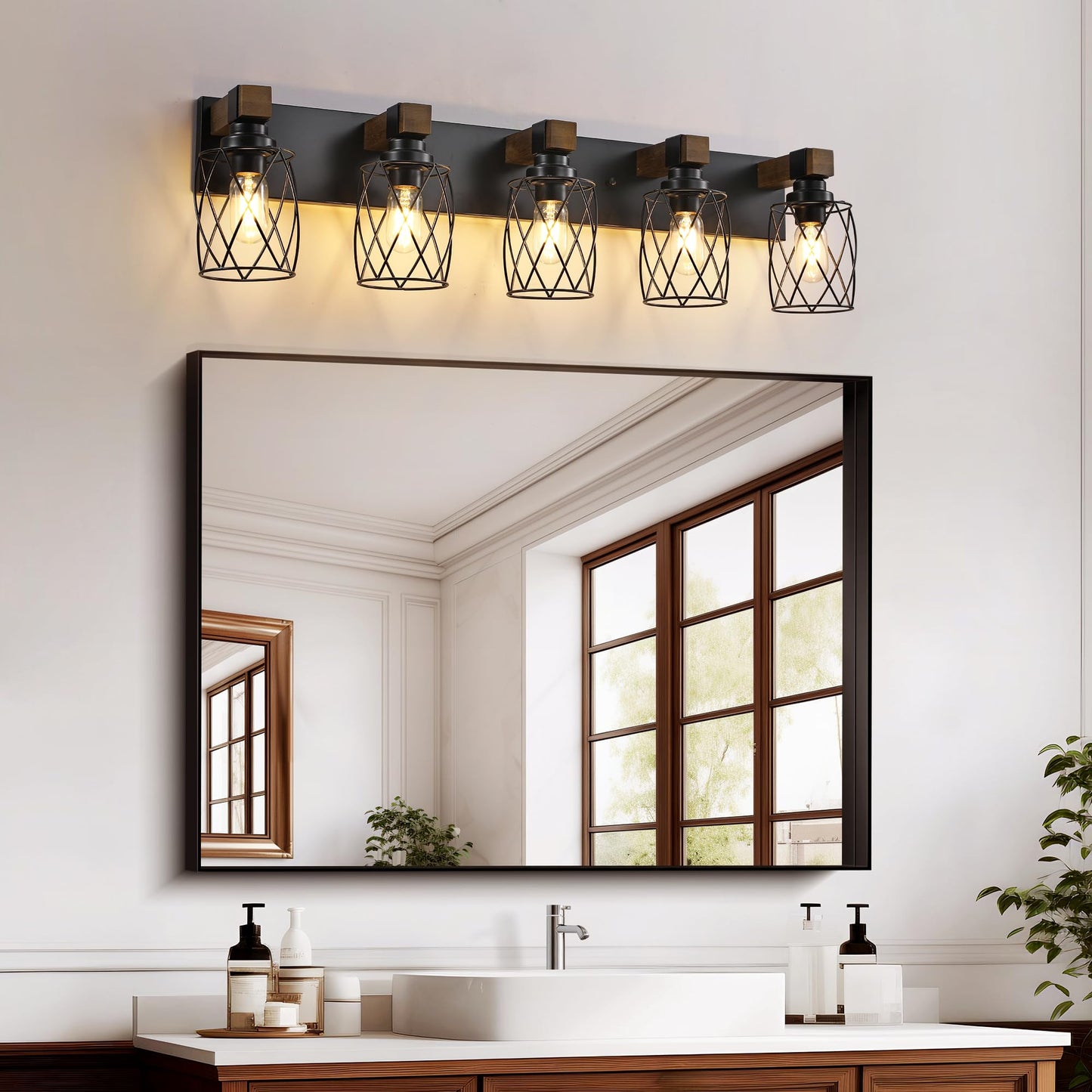 Xvmbvm Farmhouse Bathroom Vanity Light  5-Light Wood Bathroom Light Fixtures Over Mirror  Black Industrial Vanity Lights With Metal Shade  Rustic Bathrooms Lighting For Living Room  Bedrooms  Hallway