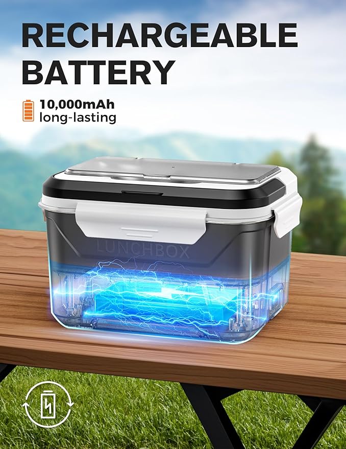 EAST OAK Heated Lunch Box Battery Powered with Automatic Heating, Cordless Heatable Lunchbox for Adults, 1.3L Portable Food Warmer with Insulated Carry Bag