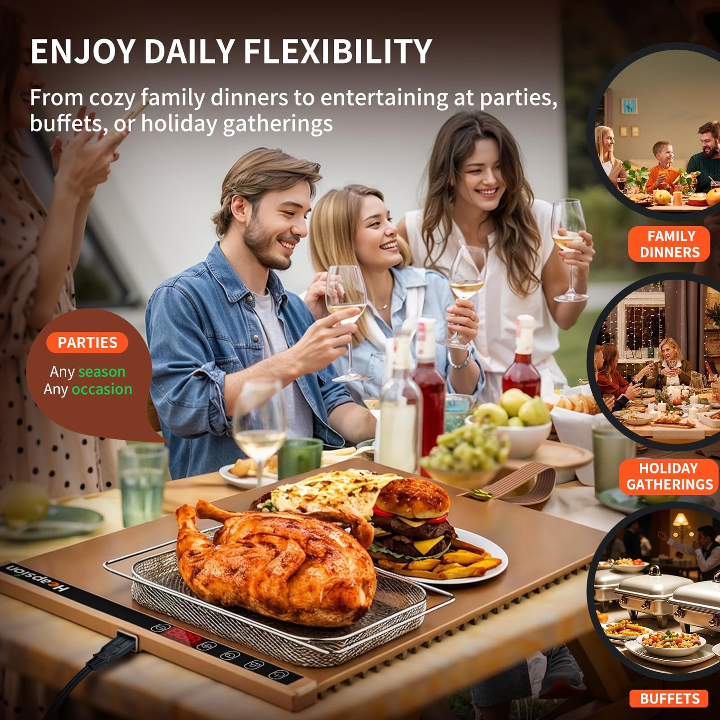 Heapsion Food Warming Mat, Electric Plate with 6 Level Temp 5 Hour Timer, 24x15'' Roll-Up Portable Warming Tray for Dinner Parties, Gatherings, and Holidays（Brown）