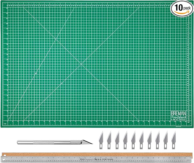 WA Portman 24x36 Inch Self Healing Cutting Mats for Crafts – Fabric Cutting Mat with Precision Craft Knife, 10 Hobby Knife Blades & Metal Ruler 36 Inch Cork Backed Ruler – All-in-One Craft Kit