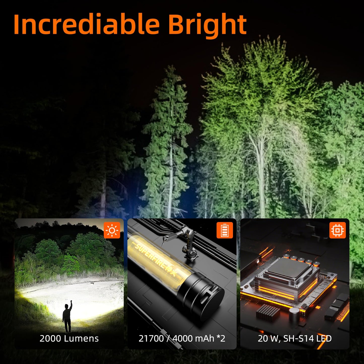 Superfire Flashlights High Lumens Rechargeable  2000 Lumens Super Bright Led Emergency Tactical Flashlight 5 Light Modes Led Camping Flashlights For Home  Mechanic  Hiking(Y16)