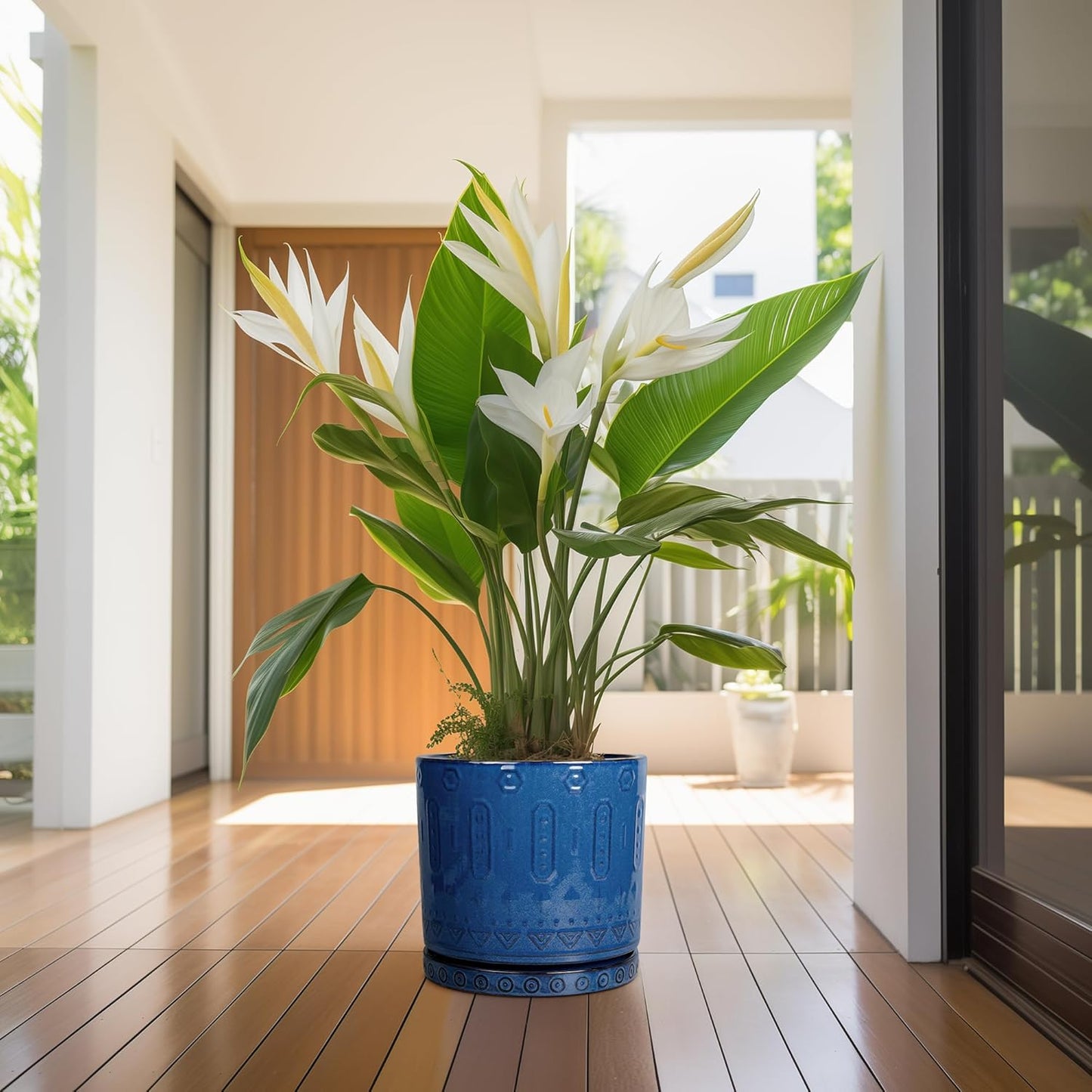 Plant Pot Saucer - 11.4 Inch Plant Saucer for Outdoors Ceramic Plant Tray for Indoors No Holes Large Plant Drip Trays Round Flower Pot Saucer Plant Dishes to Catch Water Blue