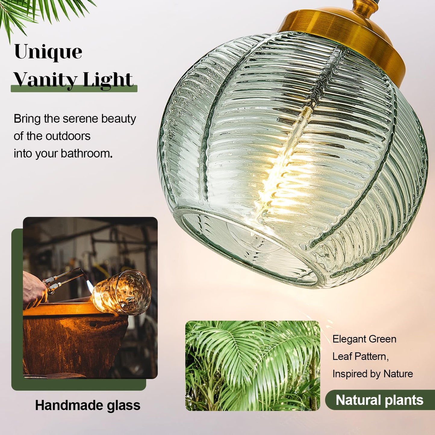 MOKATNG Bathroom Light Fixtures, 2-Light Green Vanity Lights with Unique Leaf Texture Glass Shade, Modern Matte Black and Gold Bathroom Wall Lamp for Mirror Hallway Cabinet Living Room