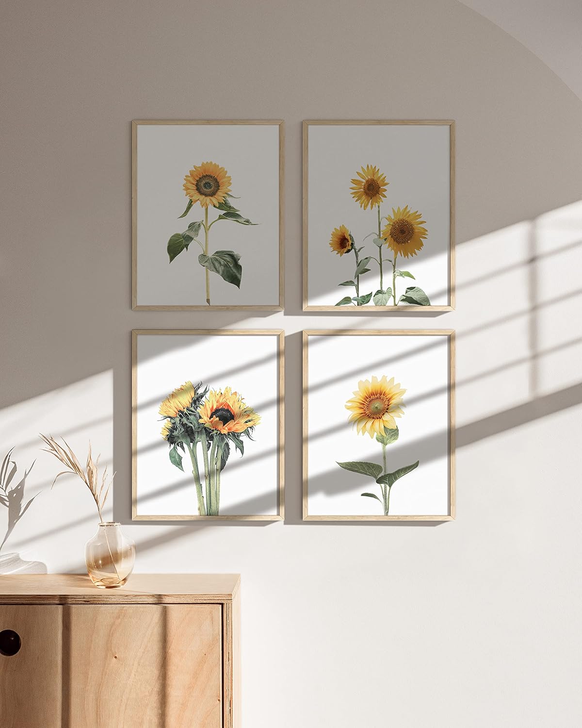 HAUS AND HUES Sunflower Wall Art Set of 4 - Posters and Paintings for Bedroom, Kitchen, Yellow Wall Decor (Beige Frame, 11x14)