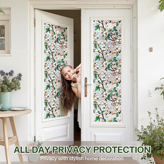 Stained Glass Window Film UV Resistant Window Privacy Film Petal Privacy Rainbow Decals Living Room Bedroom Sun Blocking Decor Removable Static Cling Stickers 17 x 39.37 Inch