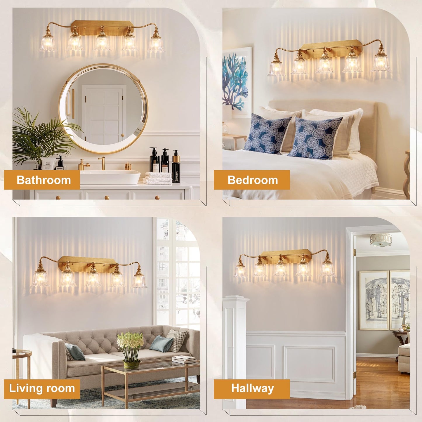 Lmnlvn Bathroom Vanity Gold Light Fixture  5 Lights Bathroom Lighting Matte Antique Brass Finish With Crystal Glass Shade  Gold Vintage Vanity Light For Bathrooms