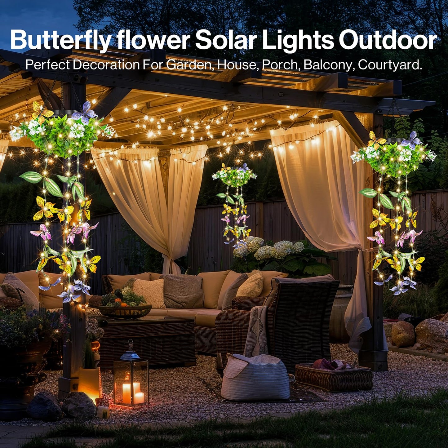 Solar Hanging Garden Lights - 2 Pack  Artificial Butterfly & Flower Led Fairy String Lights  Ip65 Waterproof Outdoor Festive Decor For Patio  Porch  Garden  Yard  Warm Gift For Mom  Family & Friends