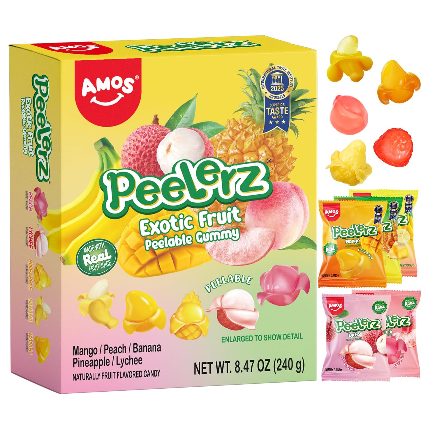 Amos Peelerz Exotic Fruit Peelable Gummy Candy - 5 Fruit Flavors (Mango, Peach, Banana, Pineapple, Lychee), 8.47Oz (240G), Indiv