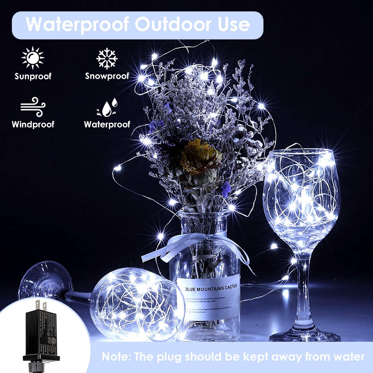 BHCLIGHT 33Ft 100LED Fairy Lights, Waterproof String Lights, 8 Modes with Timer, Cool White, Model MLS-D4.5V1.35WUC-O
