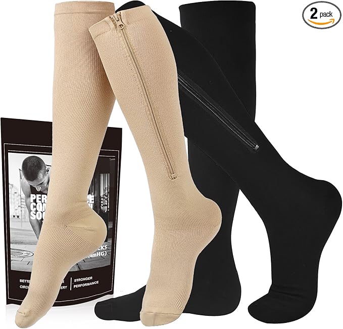 cerpite Zipper Compression Socks, 2 Pairs 15-20 mmHg Closed Toe Compression Stockings for Men Women