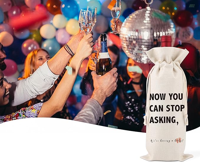 Now You Can Stop Asking,Pregnancy Announcement Wine Label,New Aunt Gifts,Baby Announcement to Friends Wine Label,Pregnancy Reveal,Gifts for grandparents, aunts, uncles,1 Drawstring Gift Wine Bag,Q23