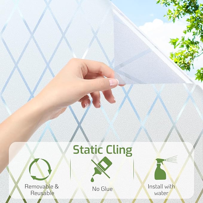 LUTE Frosted Window Privacy Film, Static Cling UV Sun Blocking Heat Control Window Cover, Removable Non-Adhesive Glass Sticker Vinyl Decorative Frosting Decals for Home Office, Lattice, 23.6" x 78.7"