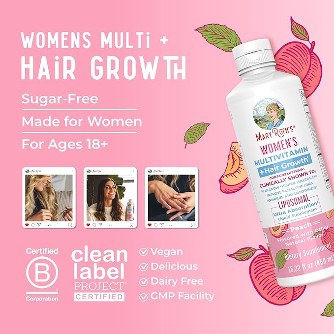 Women's Multivitamin + Lustriva Hair Growth Liposomal | Biotin 10000mcg | Clinically Tested for Thicker Hair, Wrinkles, Fine Lines, Skin Care | with Ashwagandha & Maca Root | Ages 18+ | 15.22 Fl Oz